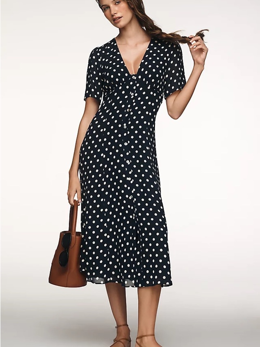 Reformation Lise dress, Orion, polka Dot V-Neck Midi Dress in Navy and White-NWT